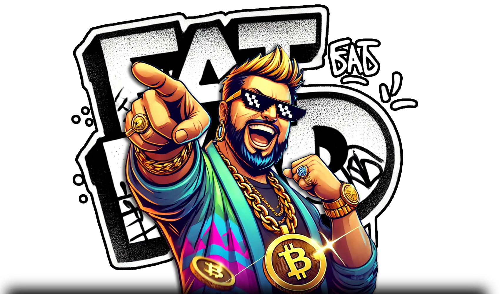 cartoon fat dad character wearing sunglasses and holding crypto coins, fun crypto meme style