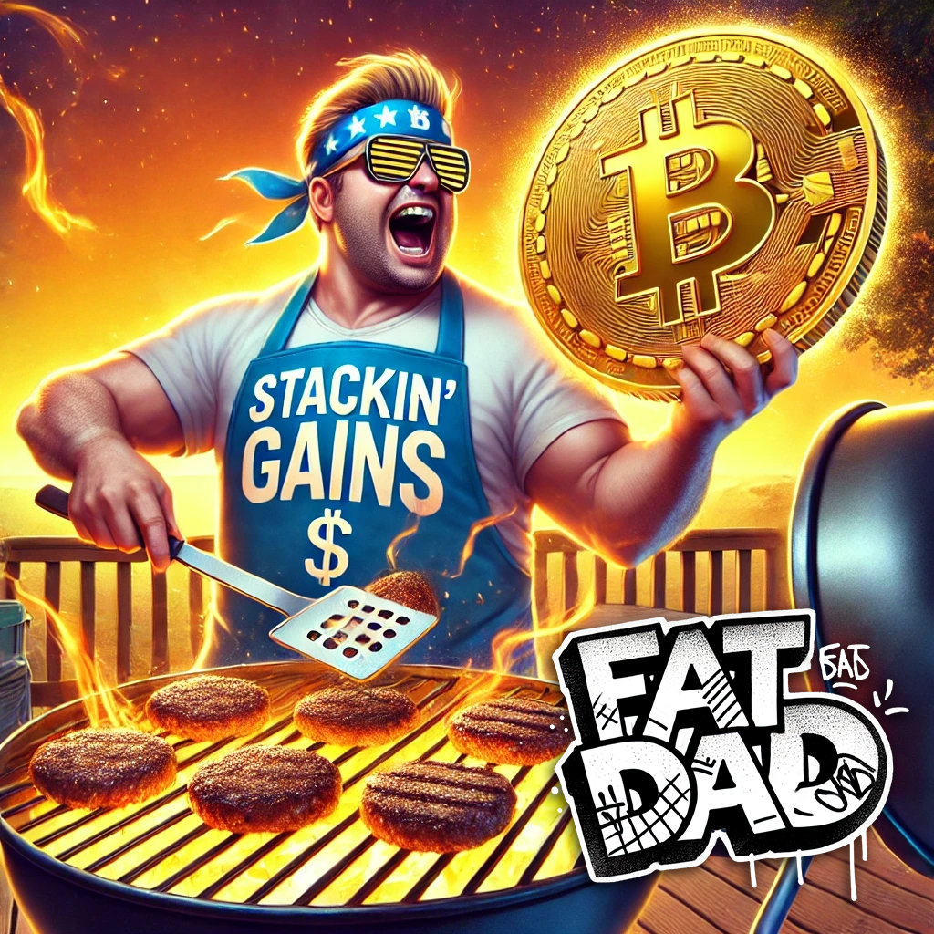 FatDAD at the BBQ – Commanding the grill while stacking fat gains, with flames forming dollar signs in the air.