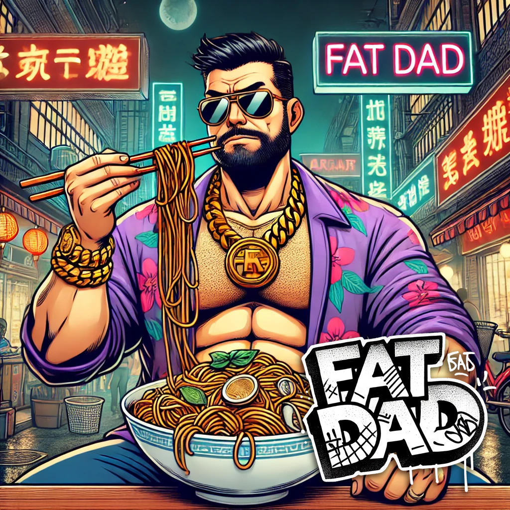 funny crypto meme with fat dad character cooking, pixel art style
