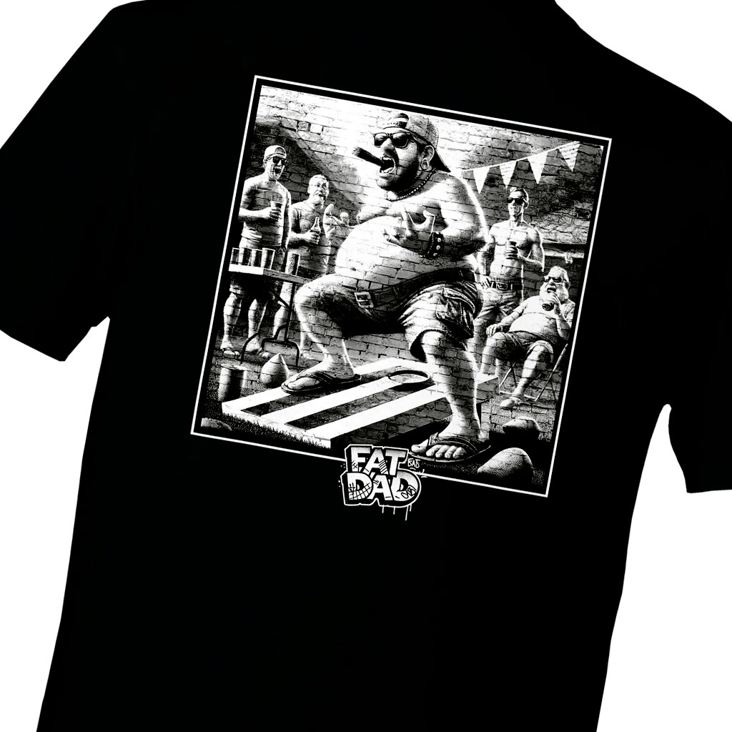 black t-shirt with funny fat dad crypto design, product photography